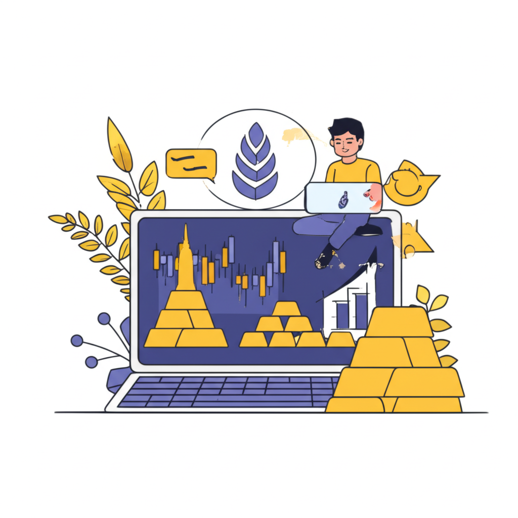 ภาพประกอบนักลงทุนชาวไทยเทรดทองออนไลน์ พร้อมแท่งทองและกราฟราคา แสดงความเชื่อมโยงระหว่างประเพณีและความทันสมัย
