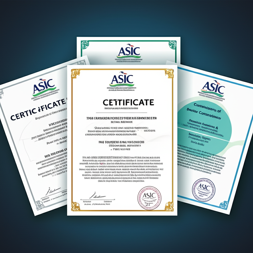 ใบรับรองอย่างเป็นทางการที่มีตรารับรองจาก ASIC และ FSC แสดงถึงความสอดคล้องกับข้อกำหนด