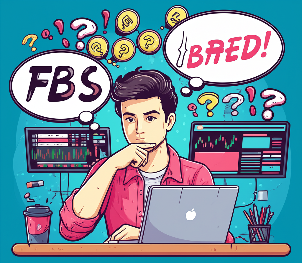 นักเทรดชาวไทยกำลังพิจารณา FBS พร้อมด้วยกราฟและคำถามเรื่องความเร็วในการถอนเงินกับเงื่อนไขโบนัส