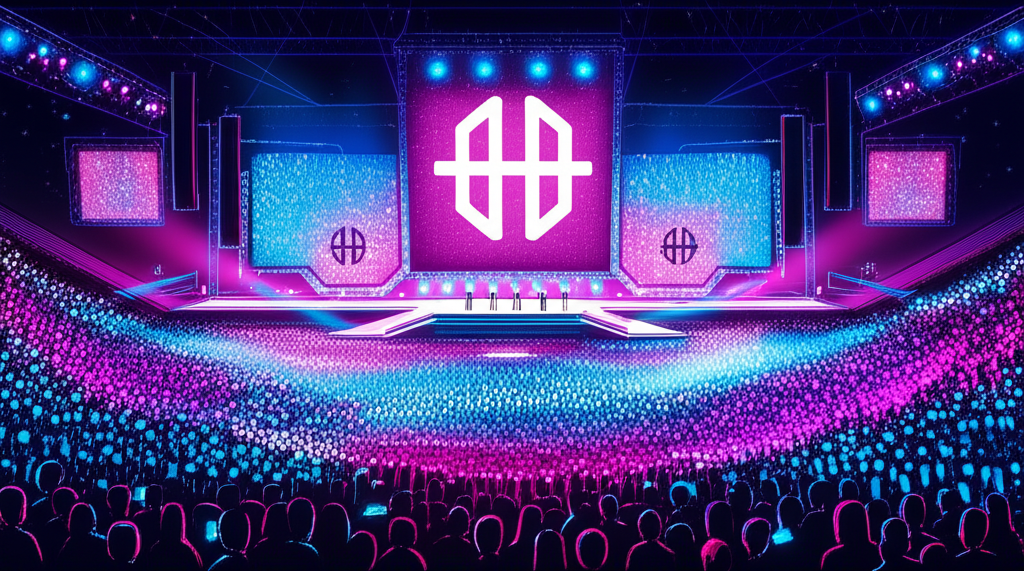 ภาพประกอบเวทีคอนเสิร์ต K-pop ที่เต็มไปด้วยแฟนคลับหลากหลายสัญชาติ โลโก้ HYBE และภาพสะท้อนถึงศักยภาพการลงทุนระดับโลก