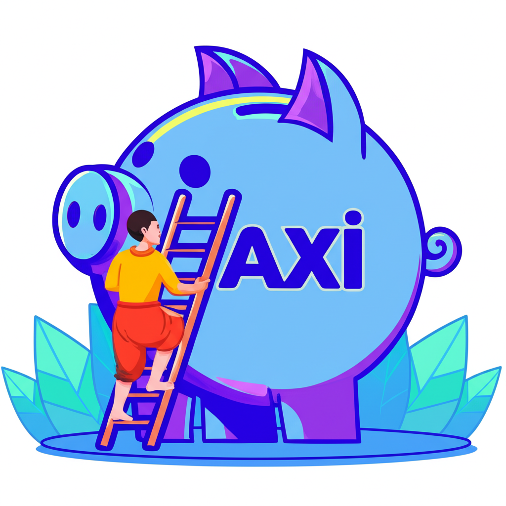ภาพนักเทรดชาวไทยปีนบันไดสู่กองทุนขนาดใหญ่พร้อมโลโก้ Axi