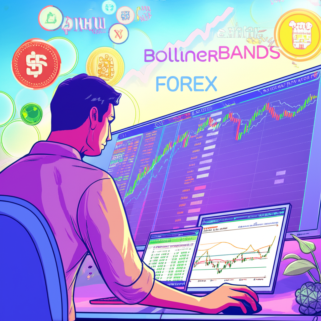นักลงทุนชาวไทยกำลังจับตากราฟที่แสดง Bollinger Bands พร้อมสัญลักษณ์ SET, Forex และคริปโตเคอร์เรนซี