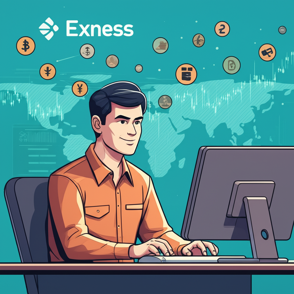 นักเทรดชาวไทยกำลังใช้งานคอมพิวเตอร์พร้อมโลโก้ Exness และองค์ประกอบของตลาดฟอเร็กซ์ระดับโลก