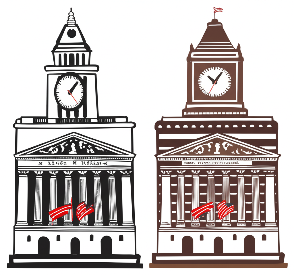 อาคาร NYSE และ NASDAQ พร้อมหอคอยนาฬิกาที่แสดงเวลาแตกต่างกัน