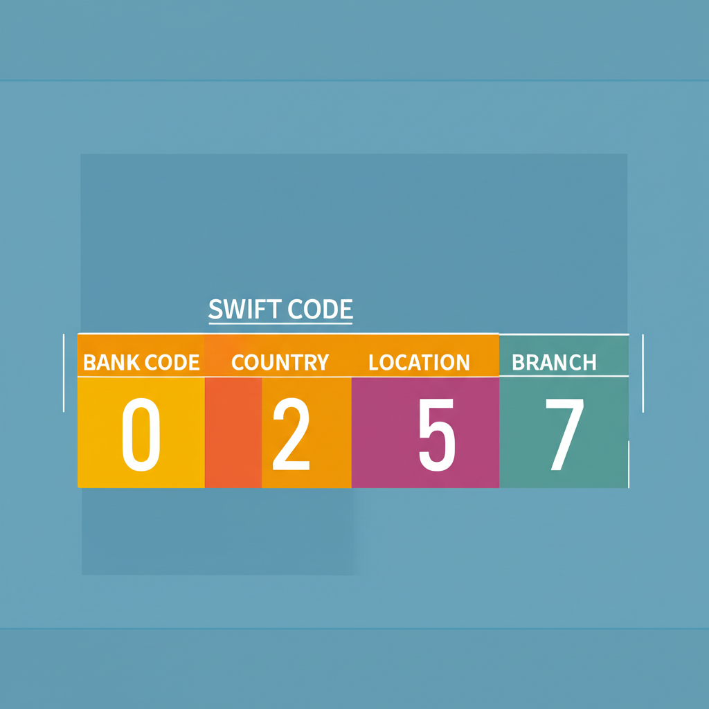 ภาพแสดงโครงสร้าง SWIFT Code ที่แยกสีตามแต่ละส่วนของรหัส