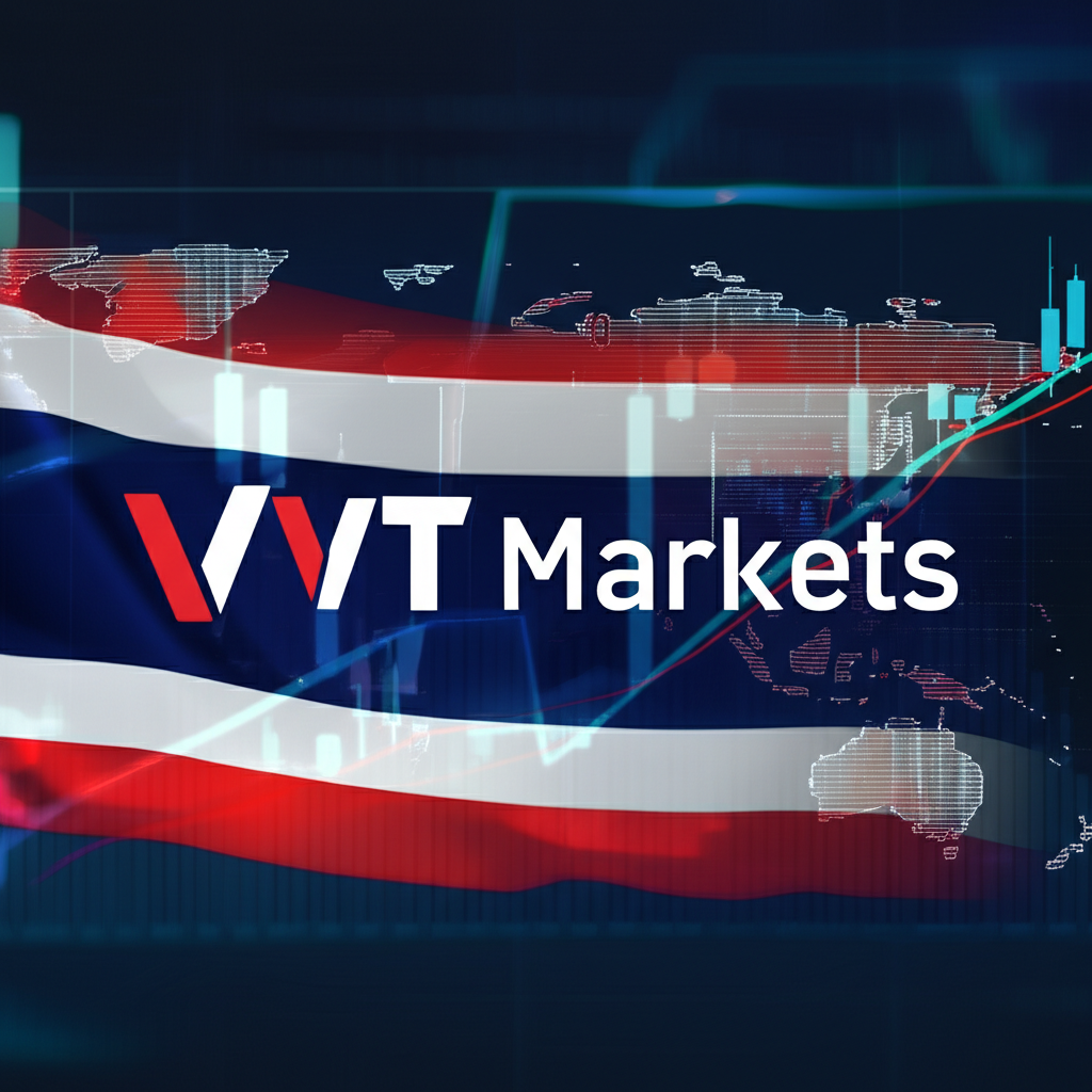 โลโก้ VT Markets พร้อมธงชาติไทย แผนที่โลก และกราฟการเทรด แสดงธีมการลงทุนระดับโลก