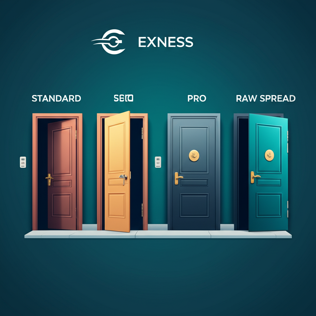 ภาพเปรียบเทียบประเภทบัญชี Exness เหมือนประตูหลายบานที่เปิดสู่ตัวเลือกการซื้อขายที่แตกต่างกัน