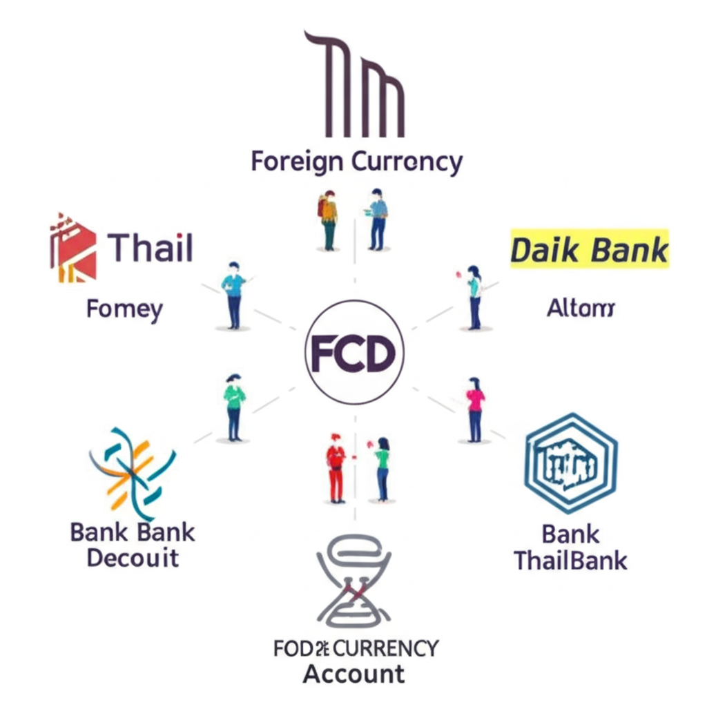 ภาพประกอบโลโก้ธนาคารไทย 7 แห่ง ล้อมรอบบัญชี FCD สัญลักษณ์การเปรียบเทียบบริการ