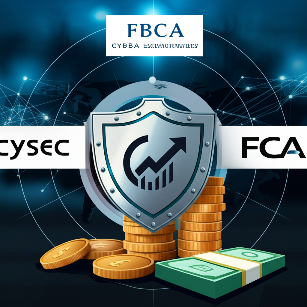 โล่ป้องกันเงินทุนของนักเทรด ล้อมรอบด้วยโลโก้หน่วยงานกำกับดูแลระดับโลก เช่น CySEC และ FCA