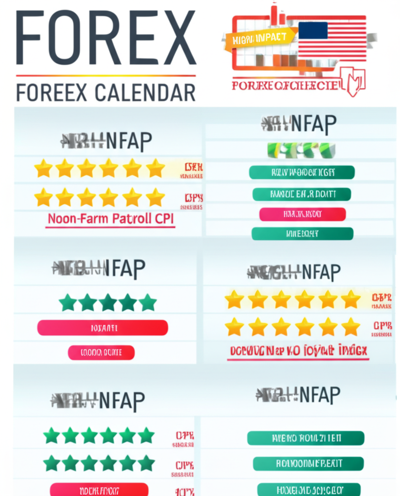 ตารางปฏิทินฟอเร็กซ์ พร้อมไฮไลต์ข่าวสำคัญอย่าง NFP และ CPI ด้วยดาว สไตล์อินโฟกราฟิก