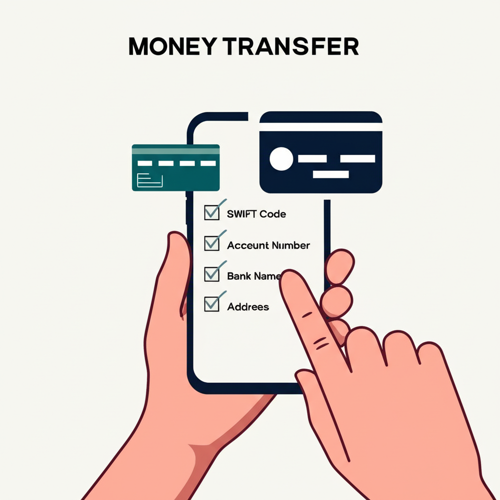 ภาพบุคคลกำลังรับเงินผ่านมือถือ พร้อมรายการตรวจสอบข้อมูล เช่น SWIFT Code เลขที่บัญชี และชื่อธนาคาร