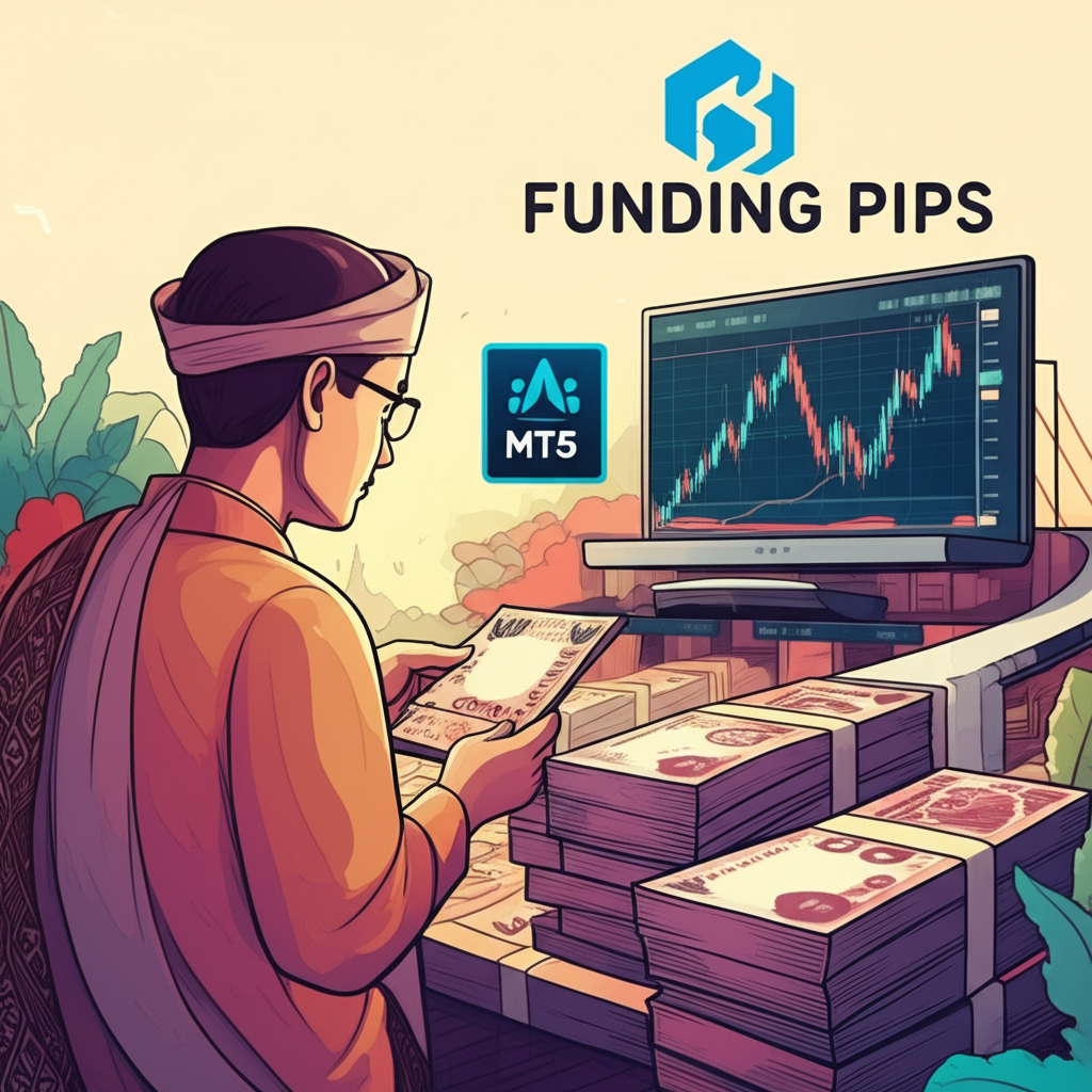 นักเทรดชาวไทยมองดูกองเงินพร้อมโลโก้ Funding Pips และแผนภูมิการเทรด