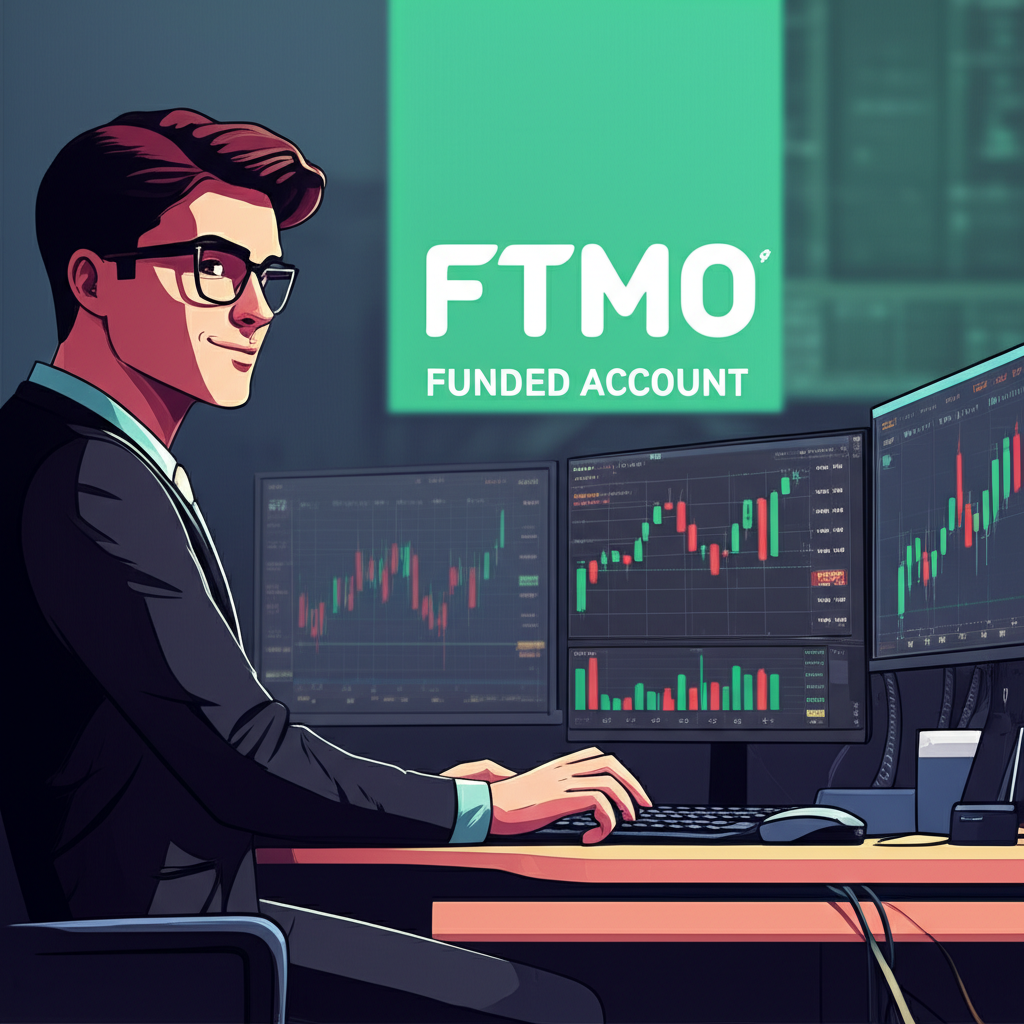 นักเทรดควบคุมความเสี่ยงอย่างมั่นใจและทำกำไรสม่ำเสมอ มีภาพบัญชี FTMO แบบ Funded ปรากฏอยู่เบื้องหลัง