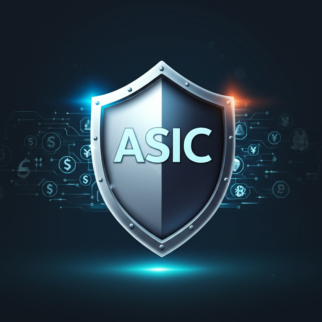 โล่ป้องกันพร้อมโลโก้ ASIC ล้อมรอบสัญลักษณ์สกุลเงินและสินทรัพย์ดิจิทัล สื่อถึงความปลอดภัยในการกำกับดูแล