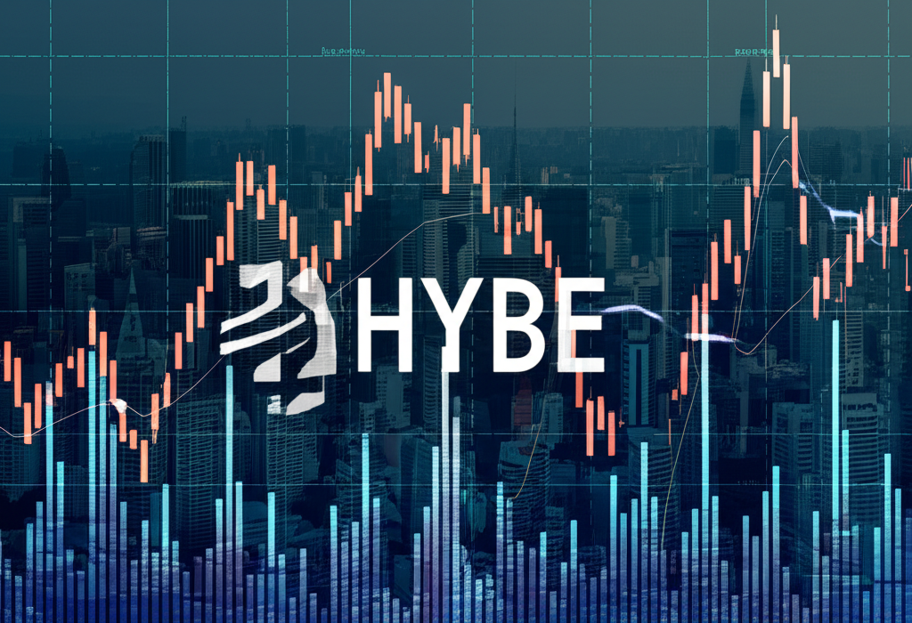 ภาพประกอบกราฟตลาดหุ้นที่ทับซ้อนกับทิวทัศน์เมือง โลโก้ HYBE และตัวชี้วัดทางการเงิน แสดงถึงผลประกอบการและความมั่นคงทางการเงิน
