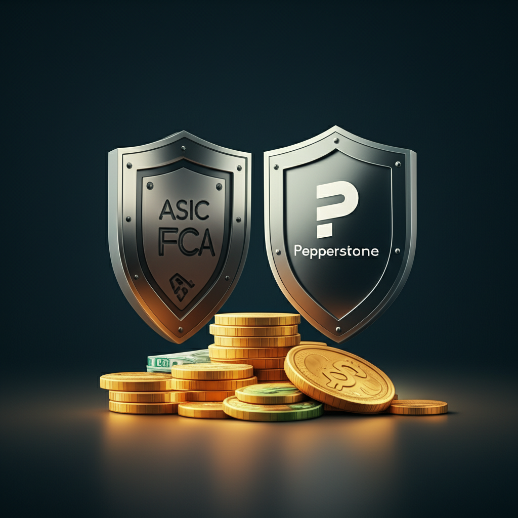ภาพประกอบโล่การกำกับดูแลจาก ASIC, FCA และองค์กรอื่นๆ ที่ล้อมรอบด้วยการป้องกันทางการเงิน สื่อถึงความปลอดภัยของเงินทุนลูกค้าภายใต้กฎระเบียบที่เข้มงวด