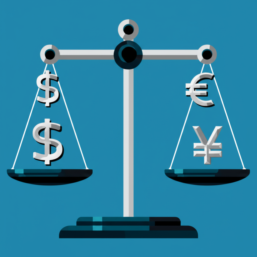 ภาพสกุลเงินต่างประเทศอย่าง USD EUR JPY เก็บไว้ในตู้นิรภัยดิจิทัล พร้อมสเกลวัดอัตราแลกเปลี่ยน