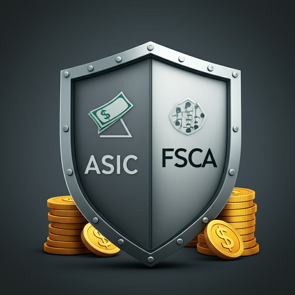 ภาพโล่ป้องกันพร้อมโลโก้ ASIC และ FSCA กำลังปกป้องเงินทุน แสดงแนวคิดเรื่องการกำกับดูแลที่แข็งแกร่ง