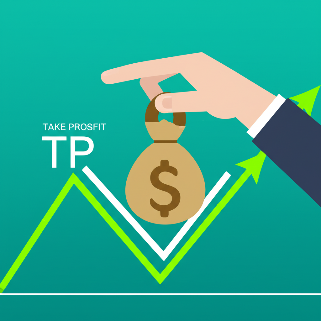 มือหนึ่งกำลังยึดถุงเงินบนกราฟการเทรด สื่อถึงการล็อกกำไรด้วย Take Profit (TP)