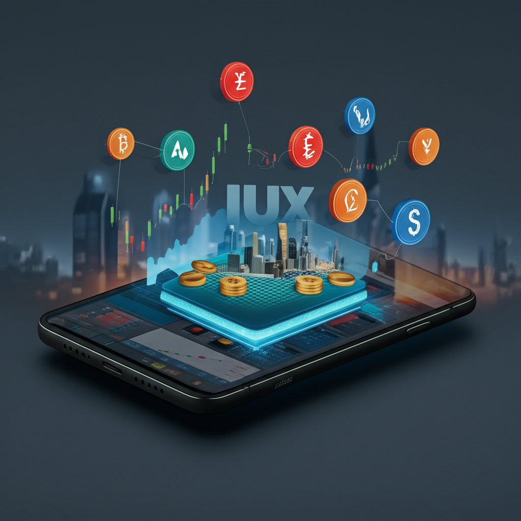 Illustration of IUX Market platform, global trading, diverse assets, accessibility.