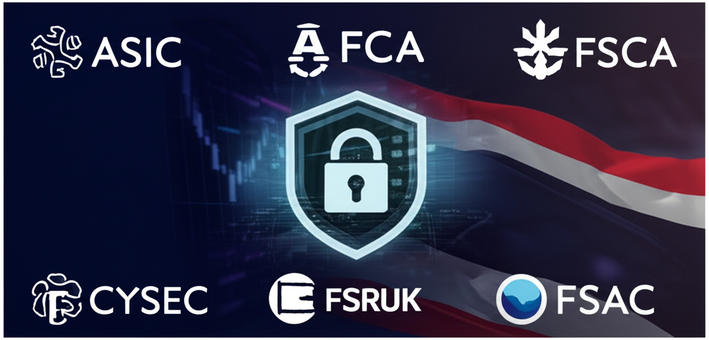 โลโก้หน่วยงานกำกับดูแลระดับสากลอย่าง ASIC, FCA, CySEC และ FSCA ล้อมรอบแพลตฟอร์มการซื้อขายที่ปลอดภัย โดยมีธงชาติไทยปรากฏอยู่เบาๆ ด้านหลัง