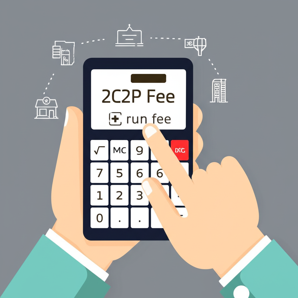 มือถือเครื่องคิดเลข แสดงการคำนวณค่าธรรมเนียม 2C2P พร้อมปัจจัยต่างๆ เช่น ปริมาณธุรกรรมและประเภทธุรกิจ