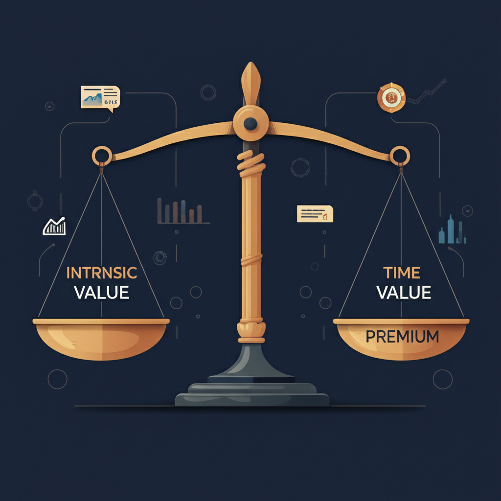 illustration of a balance scale showing 'Intrinsic Value' and 'Time Value' impacting 'Premium', with market factors around