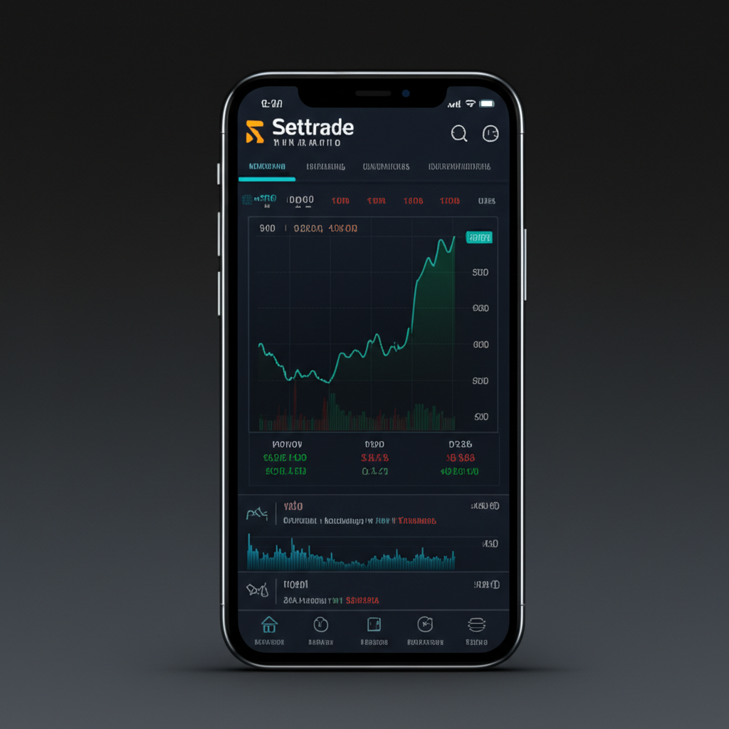 หน้าจอแอปพลิเคชัน Settrade Streaming บนสมาร์ทโฟน แสดงข้อมูลหุ้นแบบเรียลไทม์ กราฟราคา และโลโก้ SET