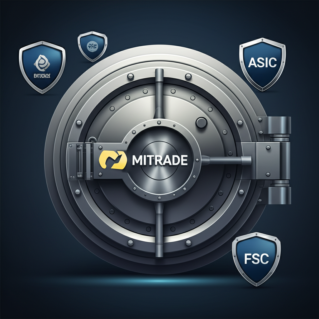 ตู้นิรภัยที่มีโลโก้ Mitrade และถูกป้องกันด้วยโลโก้หน่วยงานกำกับดูแล ASIC และ FSC