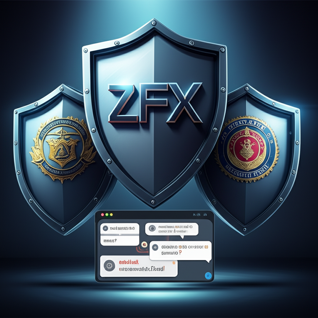 Illustration: Regulatory shields protecting ZFX, Thai users discuss scam concerns on a forum.