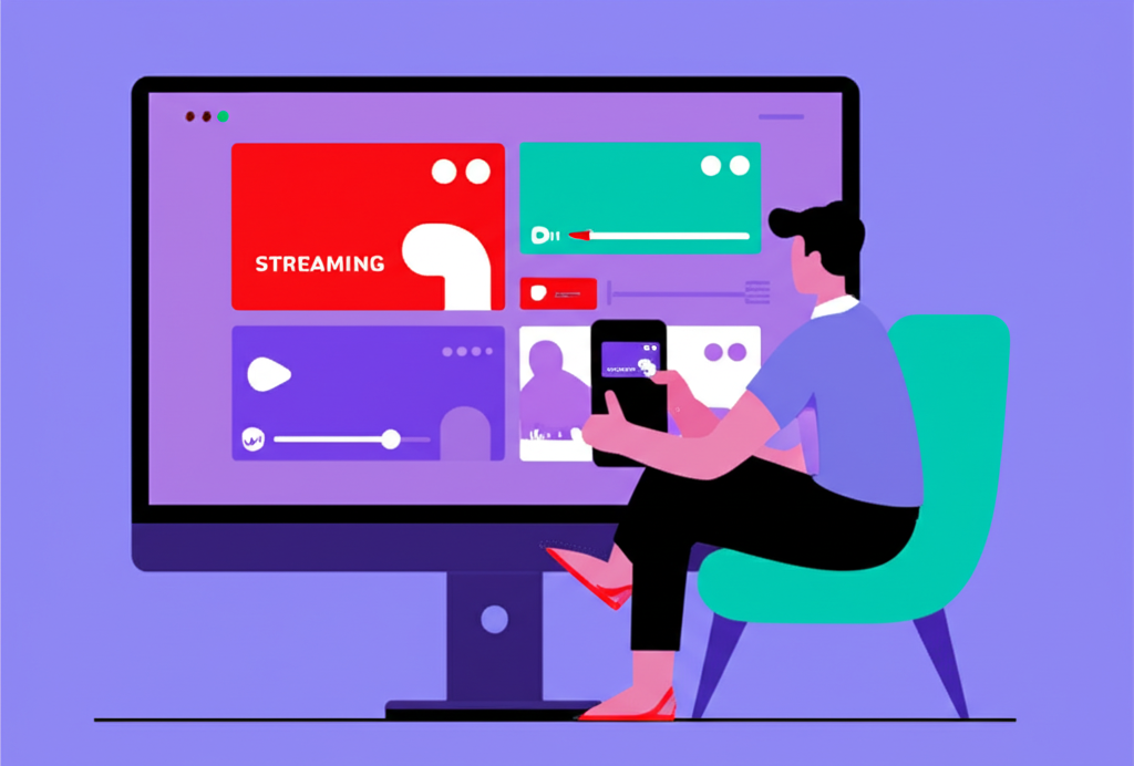 บุคคลกำลังใช้งานแพลตฟอร์ม Streaming พร้อมกันทั้งบนคอมพิวเตอร์ตั้งโต๊ะและโทรศัพท์มือถือ แสดงการเข้าถึงแบบหลายอุปกรณ์