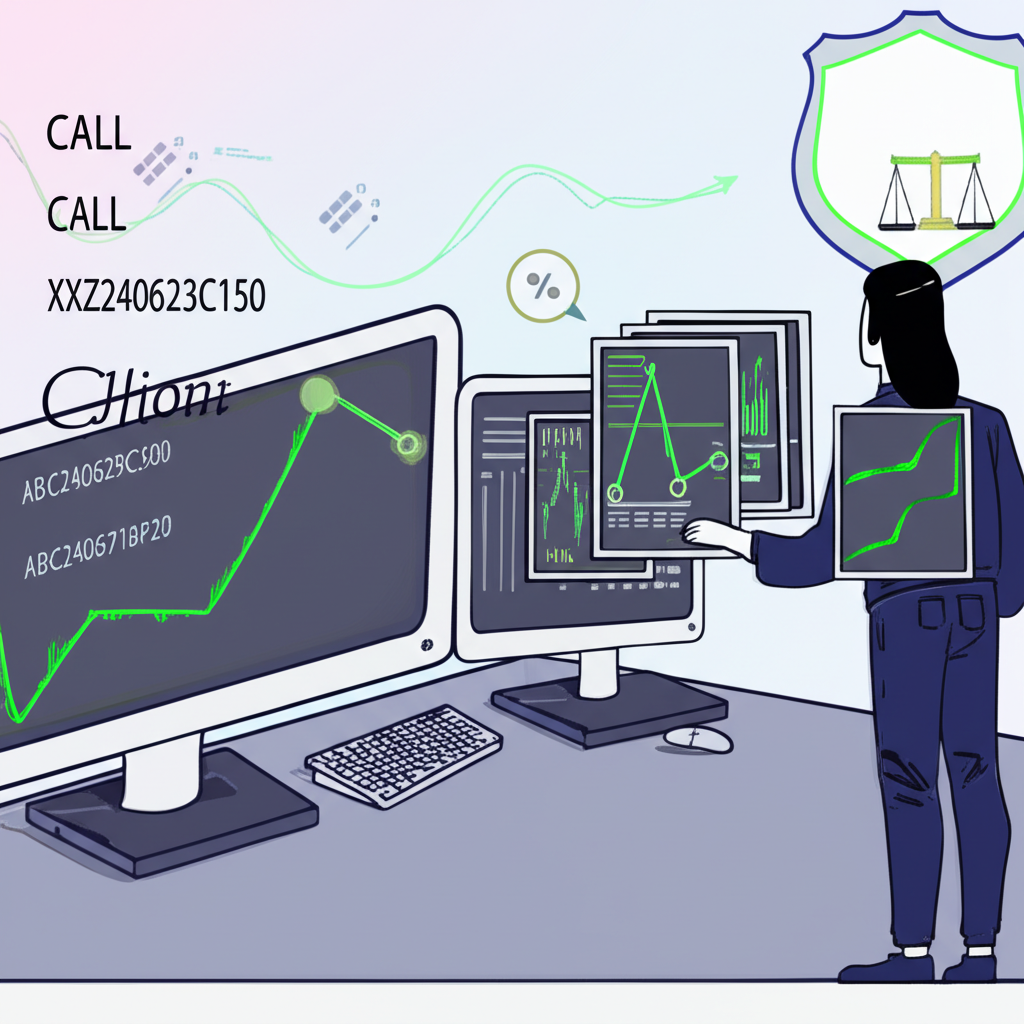 illustration of a person analyzing financial charts with option symbols, showing growth and risk management