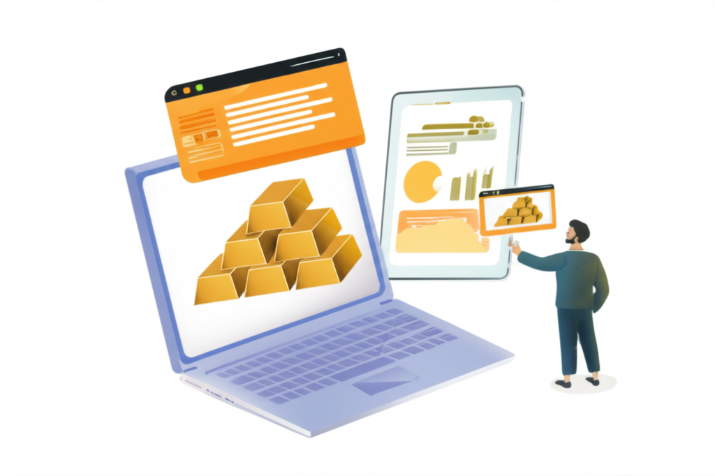 Person investing in digital gold, online platform, virtual gold bars, illustration