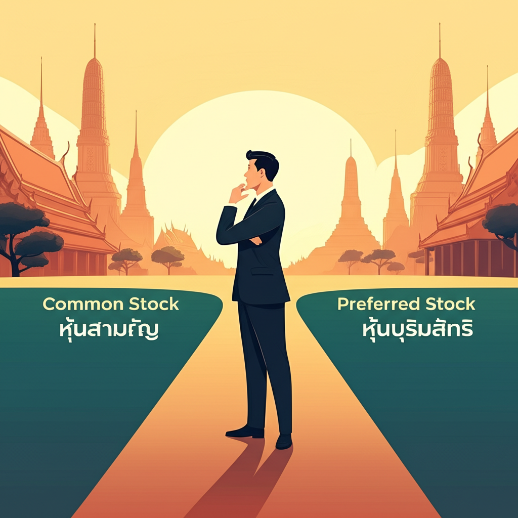 Illustration: Investor choosing between common and preferred stock paths, Thai market, aiming for wealth.