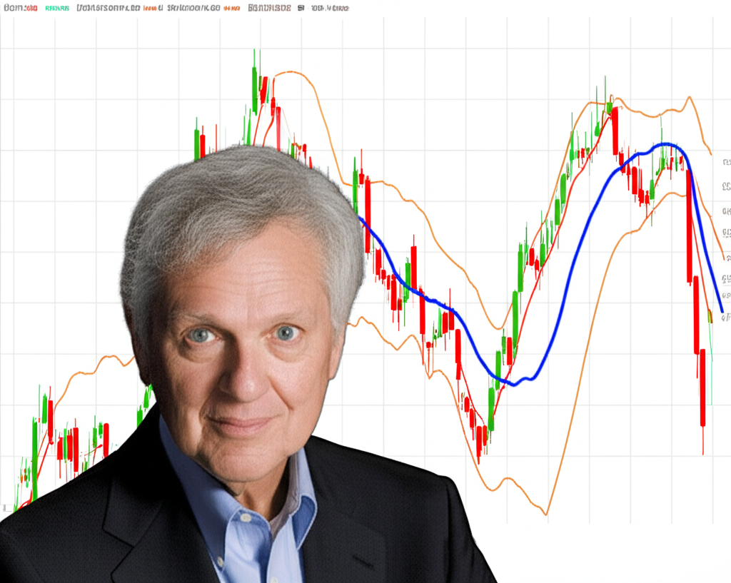 ภาพจำลองจอห์น โบลลิงเจอร์ ผู้คิดค้น Bollinger Bands ยืนอยู่ข้างกราฟที่แสดงความยืดหยุ่นของเส้นตามการเคลื่อนไหวราคา