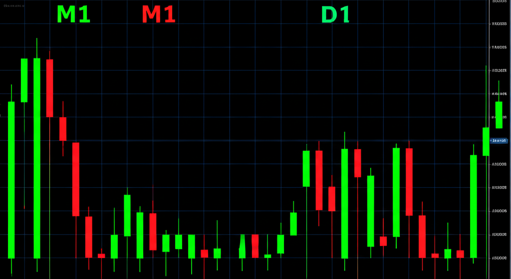 ภาพกราฟการเทรดที่แสดงแท่งเทียนในกรอบเวลาต่างๆ เช่น M1 และ D1 เพื่อเปรียบเทียบ