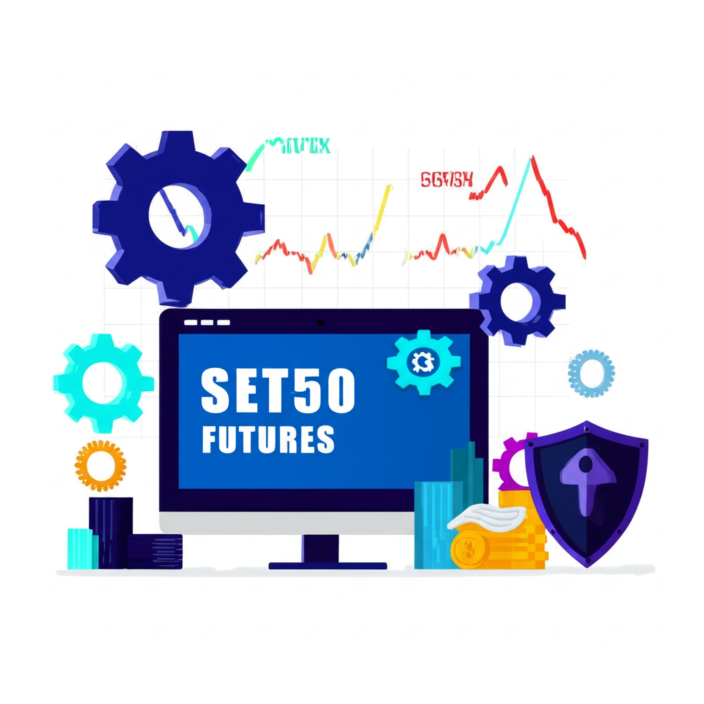ภาพประกอบตลาด TFEX พร้อมกราฟ SET50 Futures เฟืองแสดงอัตราทด และโล่แสดงระบบหลักประกัน