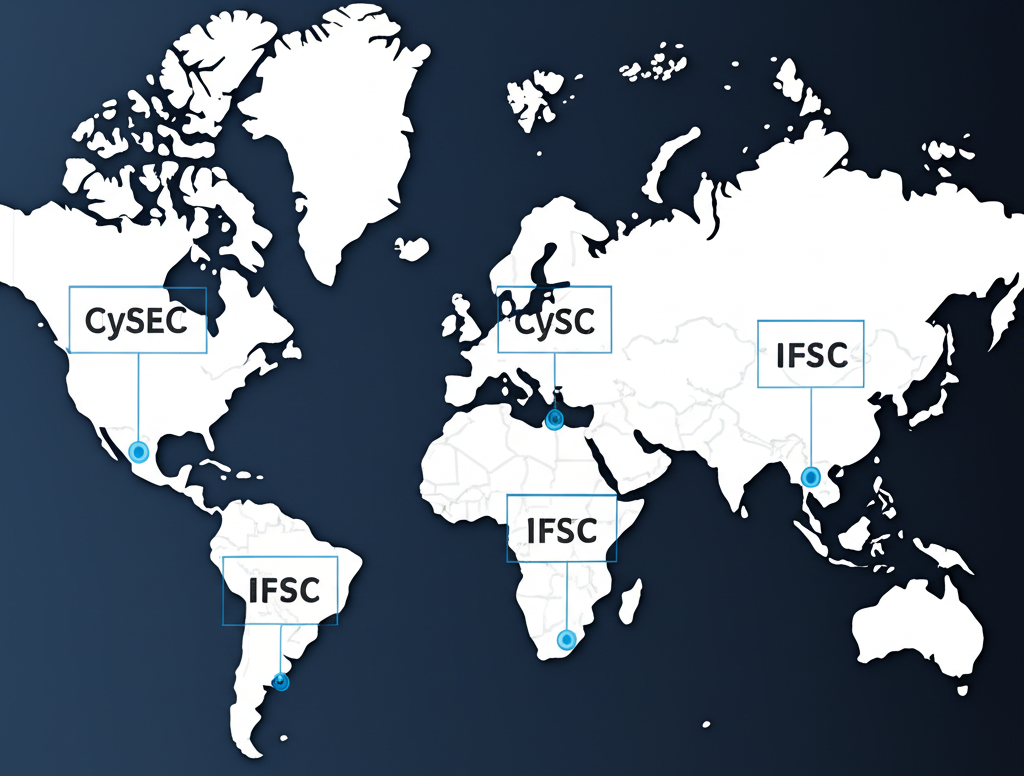 แผนที่โลกแสดงถึงการดำเนินงานของ FBS พร้อมเน้นจุดที่มีใบอนุญาตจาก CySEC และ IFSC