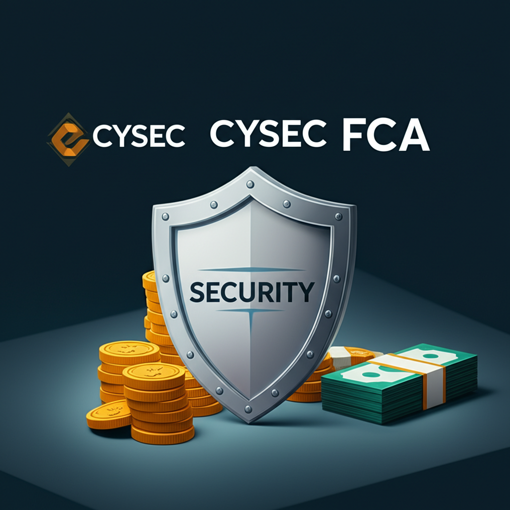 โล่ป้องกันเงินทุนพร้อมโลโก้ CySEC และ FCA แสดงถึงการกำกับดูแลระดับโลกและความปลอดภัยของเงินลูกค้ากับ Exness