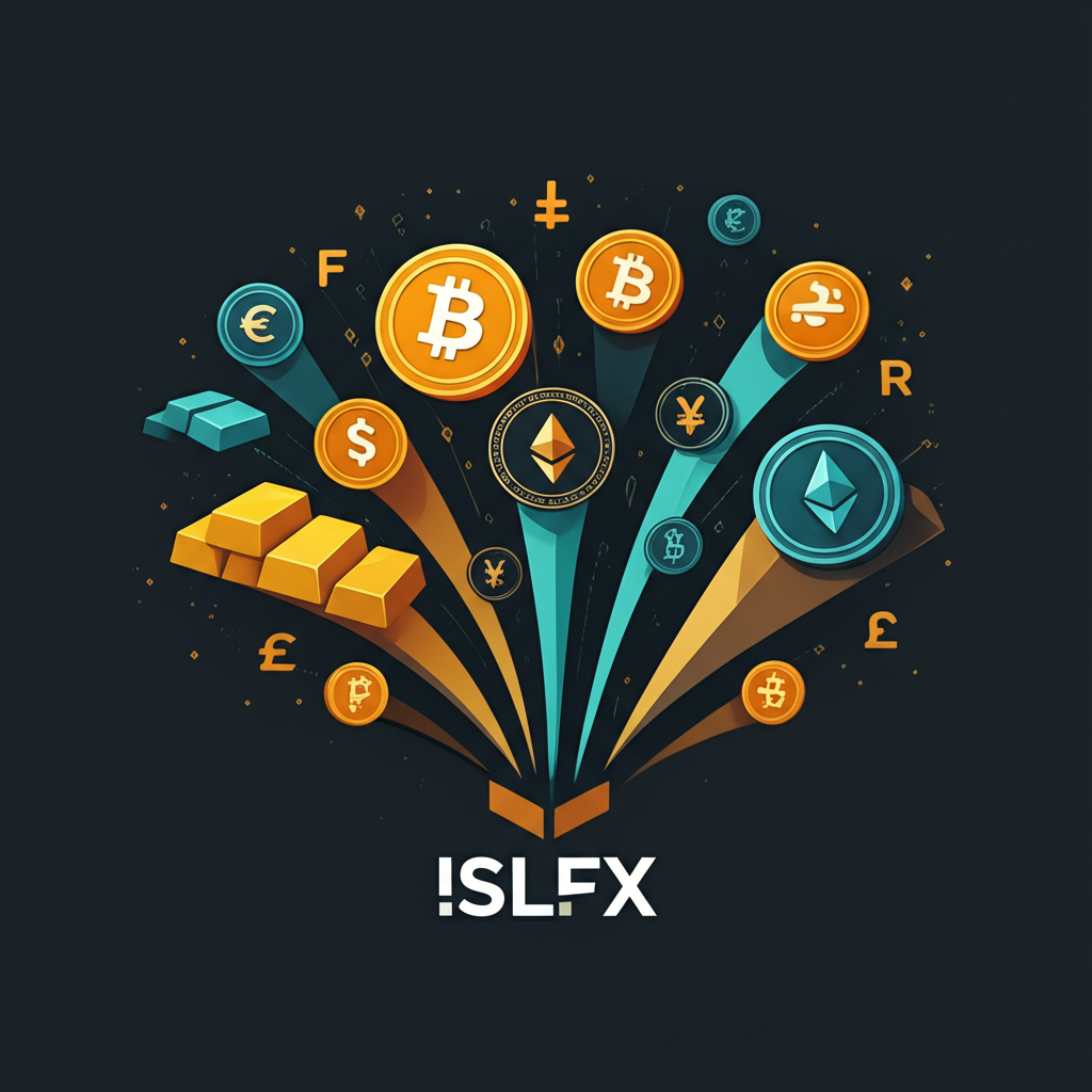 สินทรัพย์การเงินหลากหลาย เช่น Forex, ทองคำ, คริปโต, หุ้น ไหลออกจากโลโก้ ISLFX