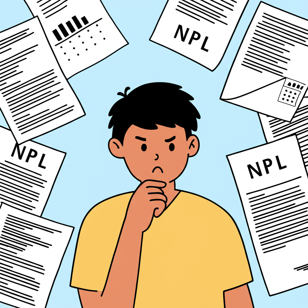 ภาพประกอบคนกำลังสับสนกับเอกสารการเงินที่เขียนว่า NPL แสดงถึงแนวคิดเรื่องหนี้เสียในประเทศไทย