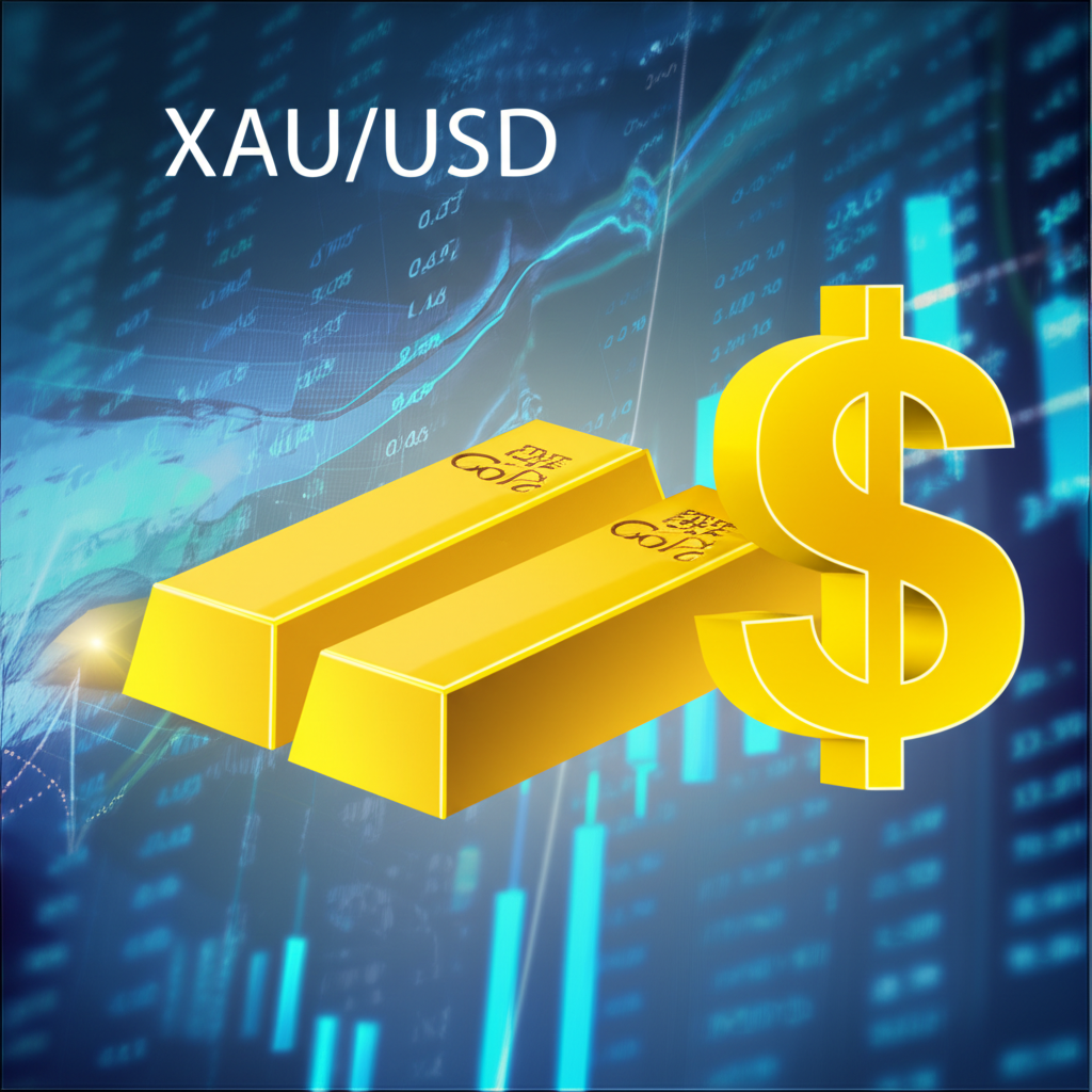 สัญลักษณ์ XAU/USD พร้อมแท่งทองคำ สกุลเงินดอลลาร์ และอินเตอร์เฟซการซื้อขายระดับโลก