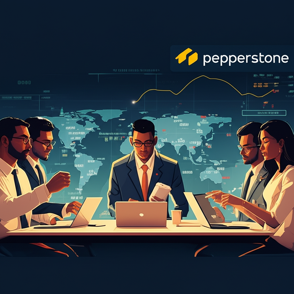 นักลงทุนทั่วโลกกำลังใช้แพลตฟอร์มเทรดดิ้ง พร้อมกราฟดิจิทัลและโลโก้ Pepperstone สื่อถึงการเข้าถึงตลาดระดับสากลและความทันสมัยทางเทคโนโลยี