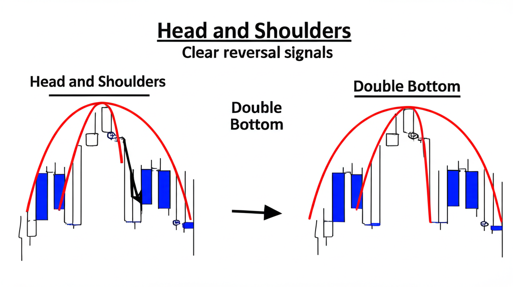กราฟแสดงรูปแบบ Head and Shoulders, Double Top และ Double Bottom พร้อมสัญญาณกลับตัวที่ชัดเจน