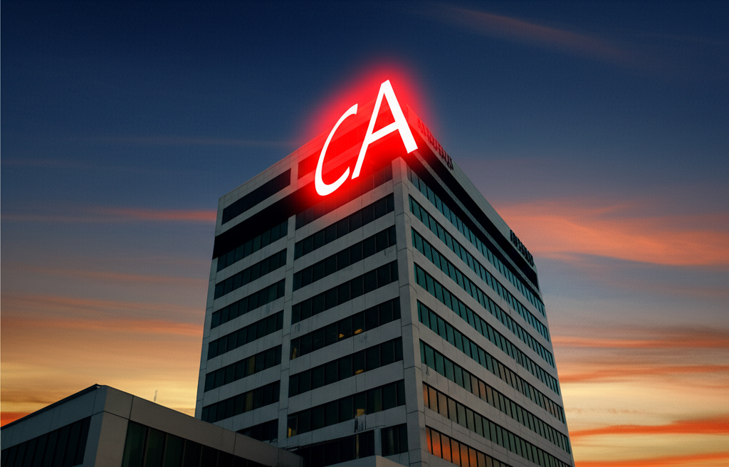 อาคารตลาดหลักทรัพย์แห่งประเทศไทยพร้อมสัญลักษณ์ 'CA' ขนาดใหญ่ แสดงการแจ้งเตือนการเปลี่ยนแปลงหุ้น