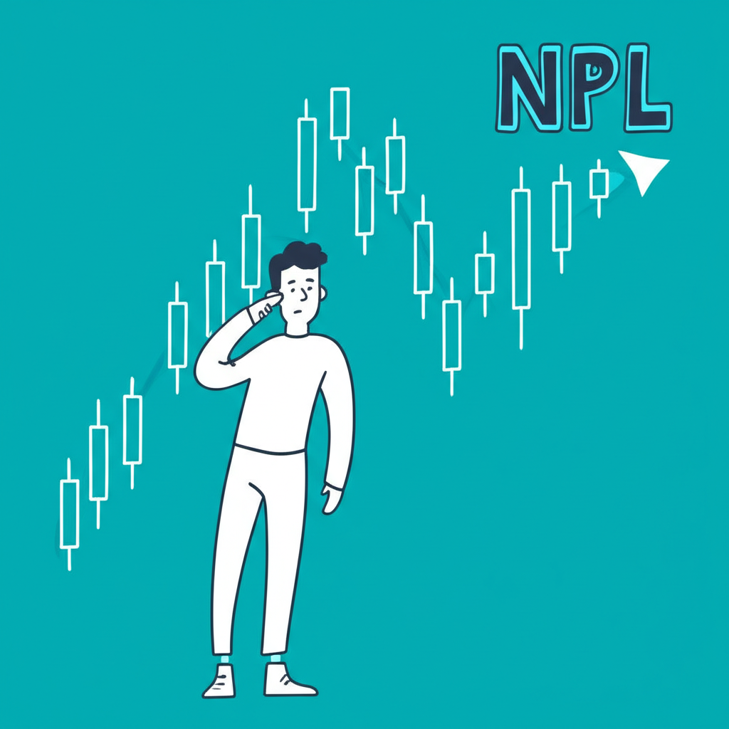 ภาพประกอบบุคคลกำลังสับสนกับกราฟการเงินที่ผันผวน โดยมีคำว่า NPL ถูกเน้นไว้ แสดงถึงการเข้าใจหนี้เสีย