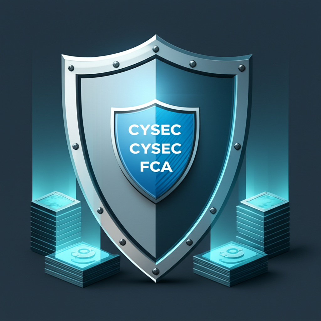 ภาพประกอบโลโก้หน่วยงานกำกับดูแล CySEC, FCA พร้อมไอคอนโล่ป้องกันเงินลูกค้าในบัญชีแยก