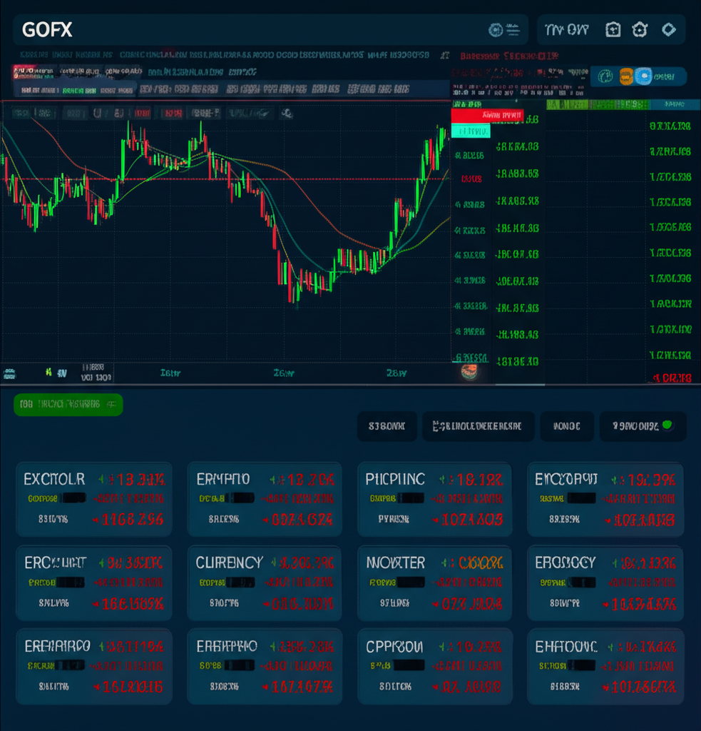 อินเทอร์เฟซแพลตฟอร์ม GOFX ที่แสดงกราฟราคา สกุลเงิน ทองคำ และคริปโตเคอร์เรนซี