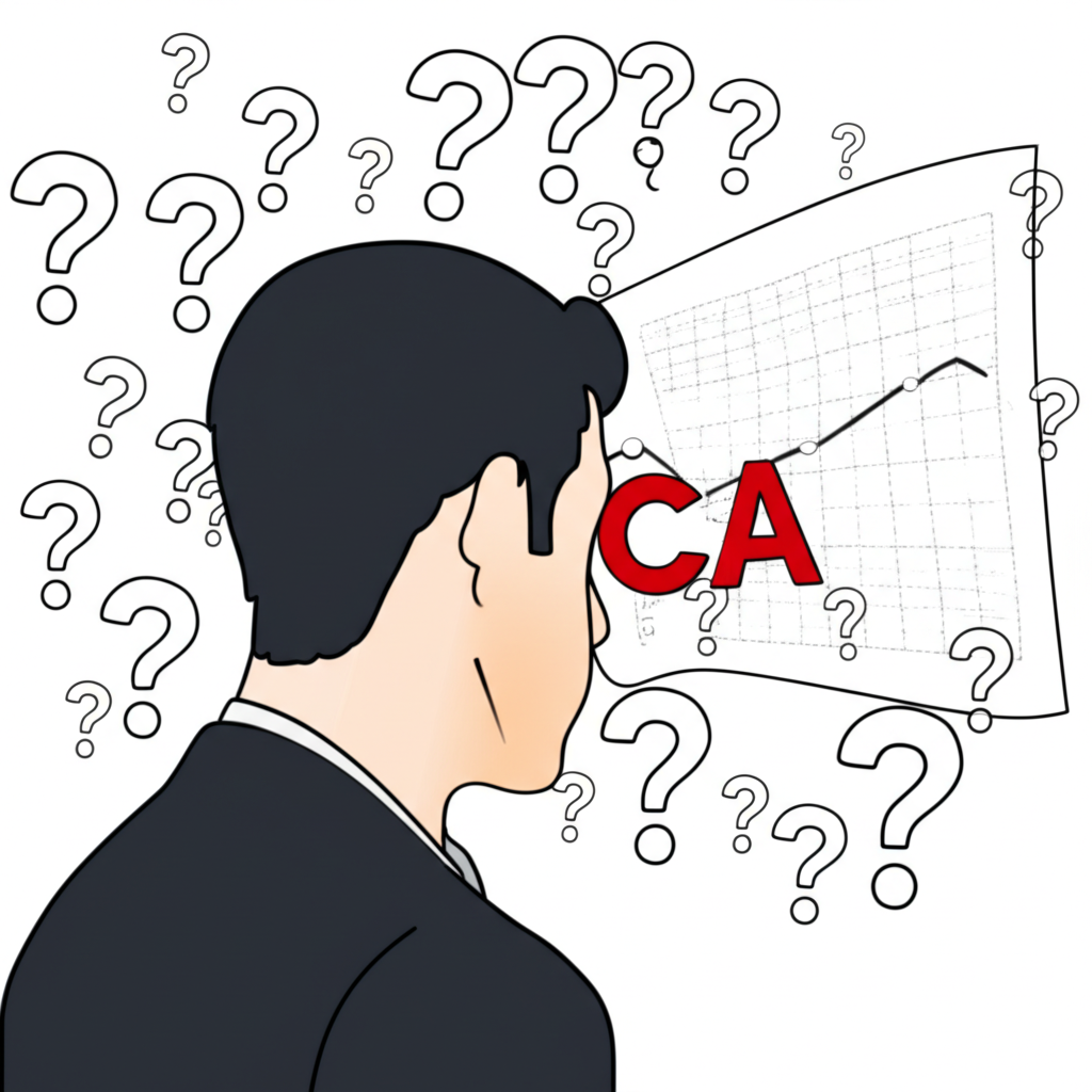 นักลงทุนชาวไทยกำลังศึกษากราฟหุ้นที่มีสัญลักษณ์ 'CA' ล้อมรอบด้วยเครื่องหมายคำถาม