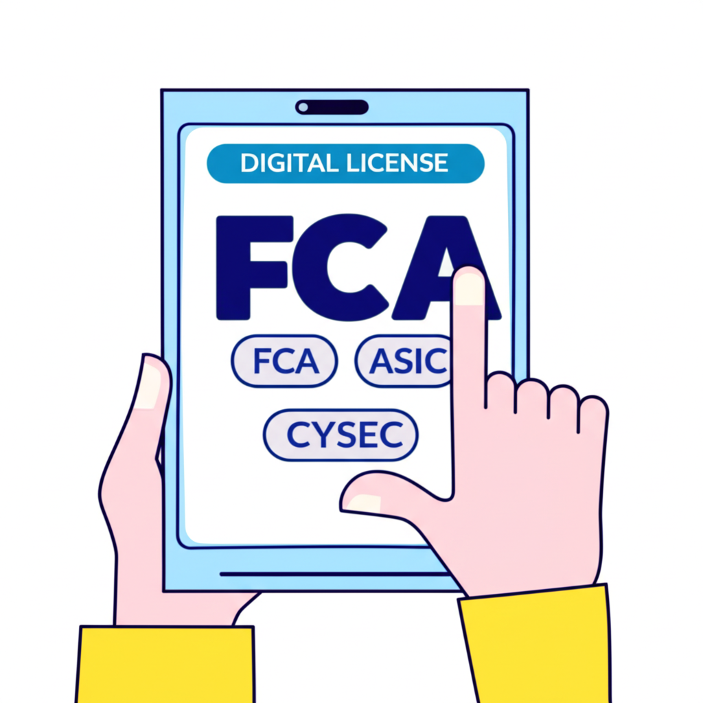 ภาพประกอบหน้าจอมือถือที่แสดงใบอนุญาตจาก FCA, ASIC, CySEC